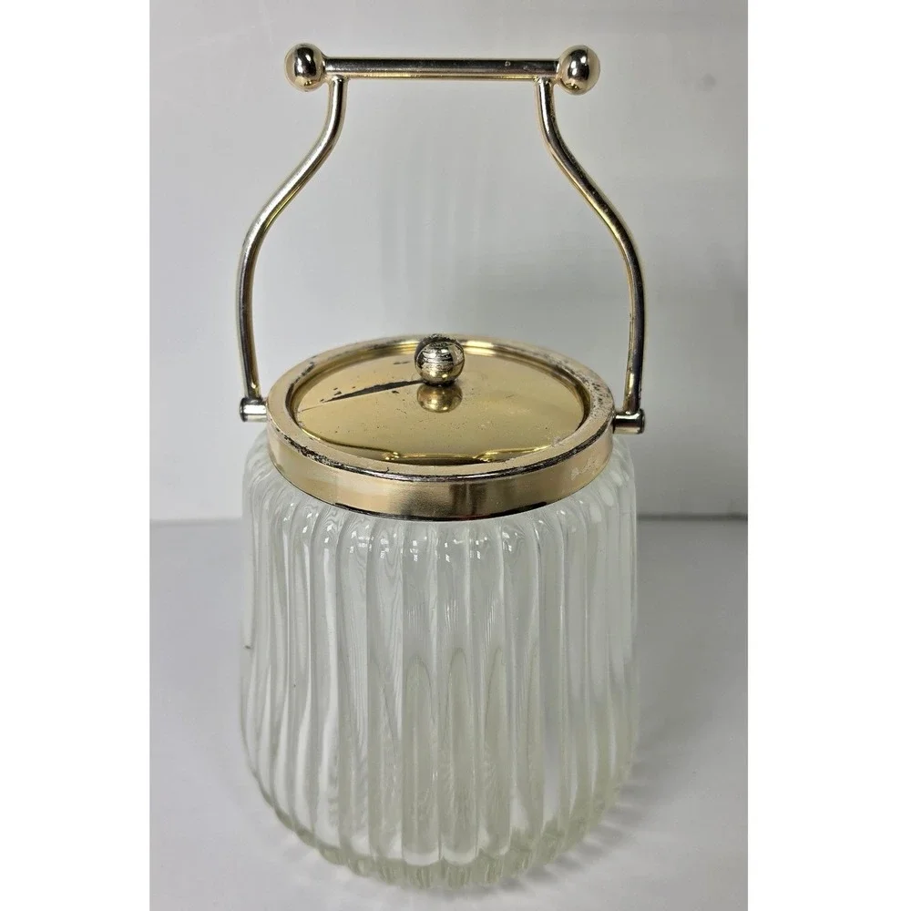 Vintage Ribbed Glass Biscuit Jar Ice Bucket Gold Tone Lid Swing Handle MCM